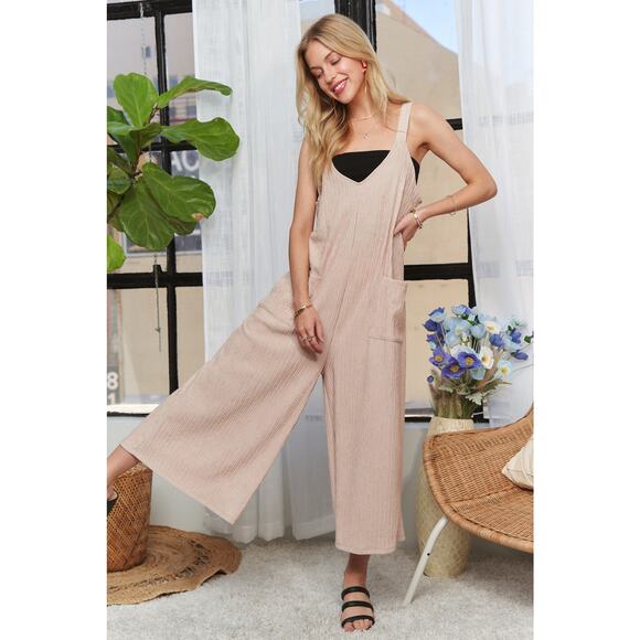 ADORA Textured V-Neck Front Pockets Relaxed Fit Wide Leg Jumpsuit | Cerise - Picture 6 of 6